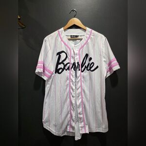 BARBIE BASEBALL JERSEY Top Shirt Short Sleeve WHITE & PINK SIZE L Pinstripe